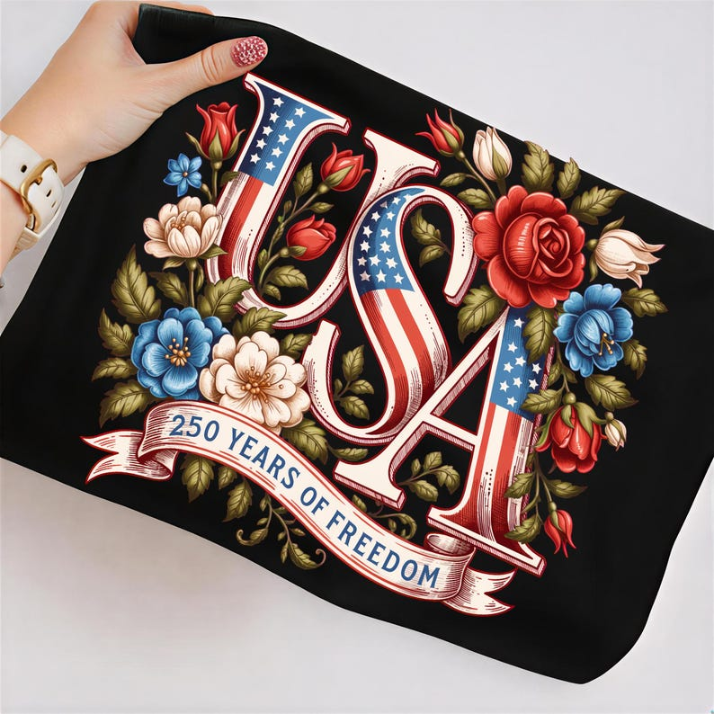 America 250th Anniversary Floral Shirt, USA Flag Typography Graphic Tee, Patriotic Fourth of July Outfit for Women