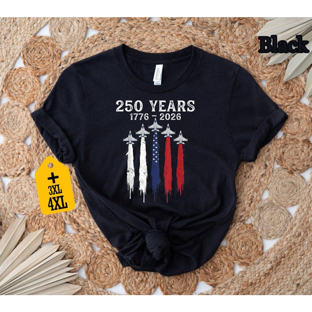 Patriotic 250 Years of Freedom Shirt, USA Flag Fighter Jets Graphic Tee, America 1776 2026 Celebration Top for Women