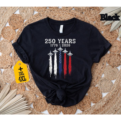 Patriotic 250 Years of Freedom Shirt, USA Flag Fighter Jets Graphic Tee, America 1776 2026 Celebration Top for Women