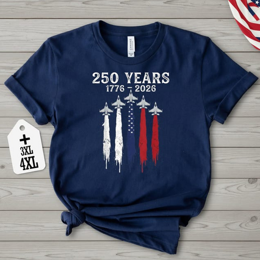 Patriotic 250 Years of Freedom Shirt, USA Flag Fighter Jets Graphic Tee, America 1776 2026 Celebration Top for Women