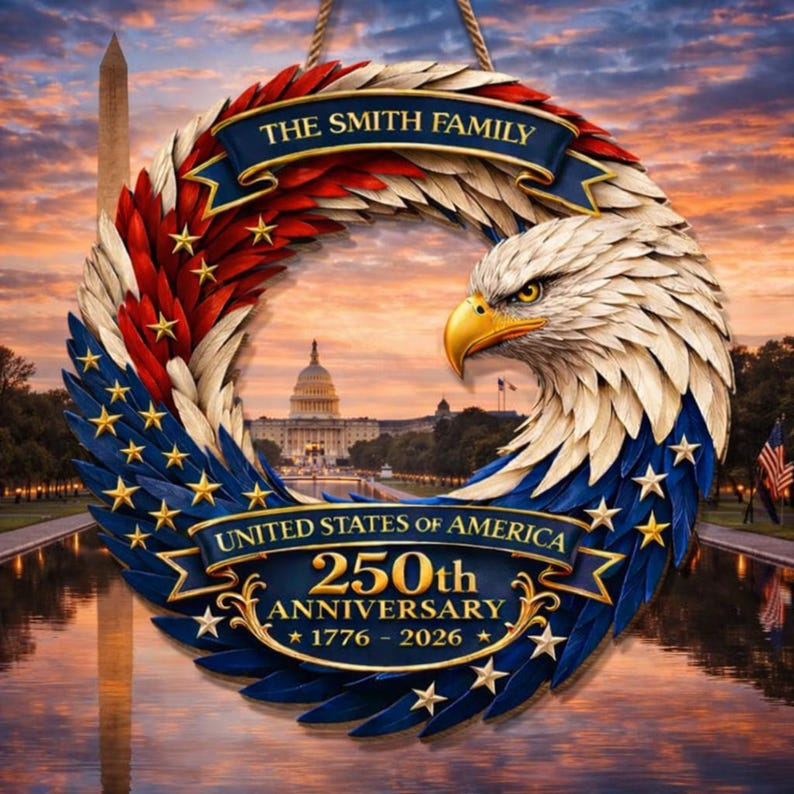 Custom Family Name Eagle Wood Sign, 250th Anniversary USA Patriotic Wreath, American Flag Design 1776-2026