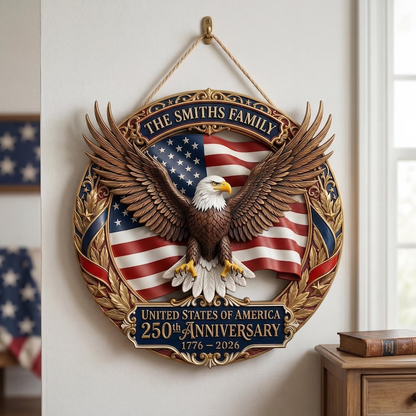 Personalized 250th Anniversary American Eagle Wood Sign, Family Name Door Hanger, Patriotic USA Decoration 1776-2026