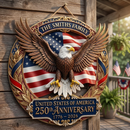Personalized 250th Anniversary American Eagle Wood Sign, Family Name Door Hanger, Patriotic USA Decoration 1776-2026