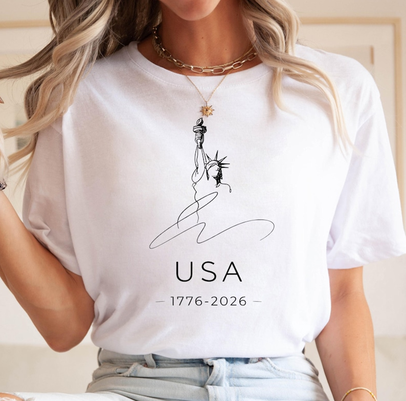 USA 1776 2026 Shirt, Minimalist Statue of Liberty Line Art Tee, Patriotic American Freedom T Shirt for Women Men, 250th Anniversary Shirt
