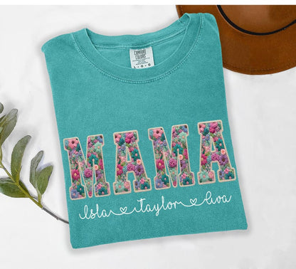 Comfort Colors® Custom Floral MAMA Shirt, Personalized Mama Tee with Kids' Names, Gift for Mother's Day