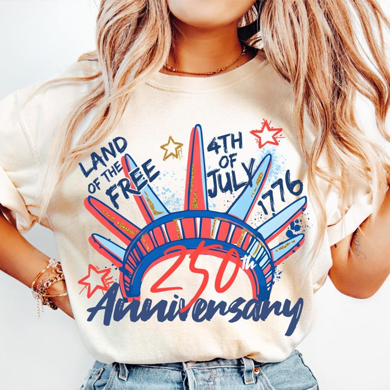 Comfort Colors Land of the Free 250th Anniversary Shirt for Women, Patriotic 4th of July USA Graphic Tee, America 1776 2026 Independence Day Apparel