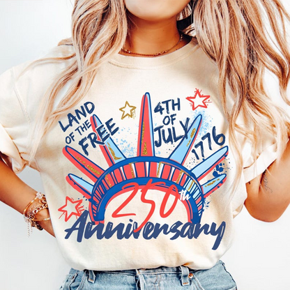 Comfort Colors Land of the Free 250th Anniversary Shirt for Women, Patriotic 4th of July USA Graphic Tee, America 1776 2026 Independence Day Apparel