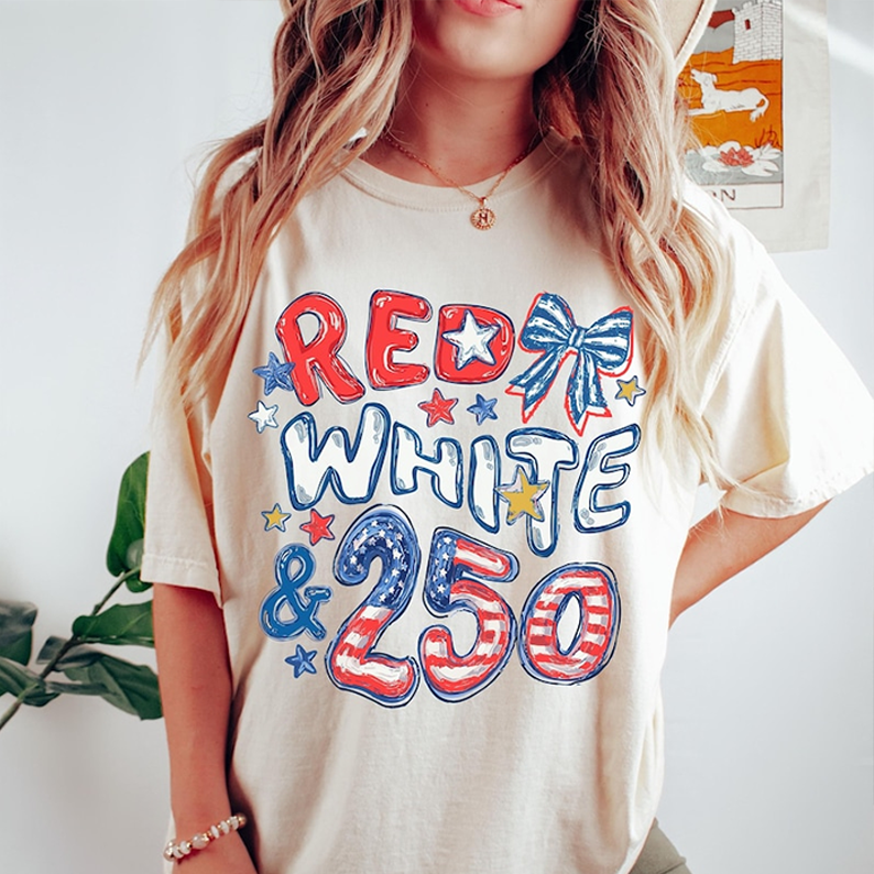 Patriotic Red White and 250 T Shirt, America 1776 2026 USA Graphic Tee, Fourth of July Celebration Outfit for Women