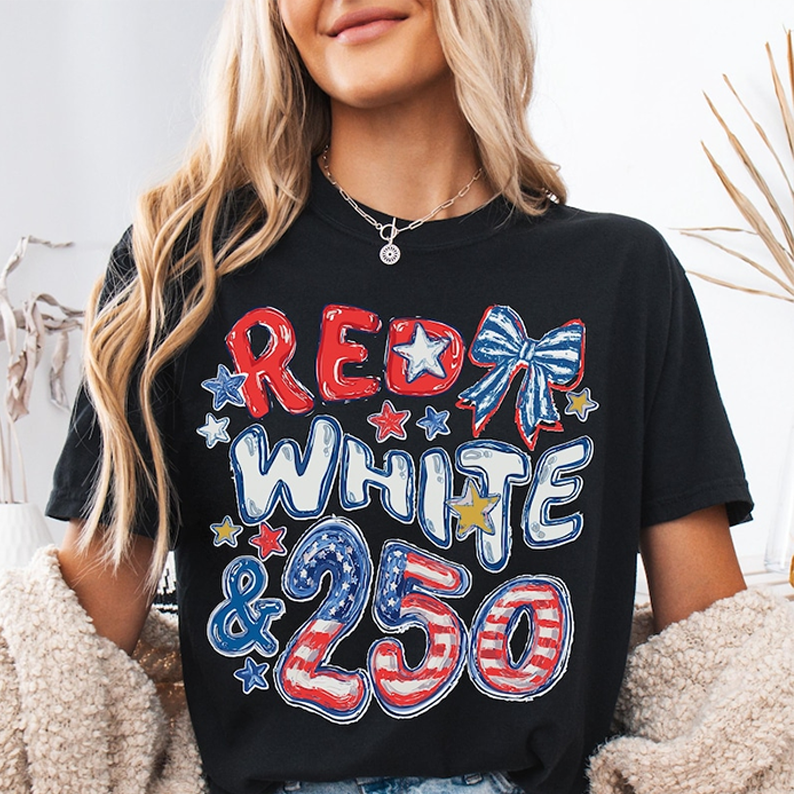 Patriotic Red White and 250 T Shirt, America 1776 2026 USA Graphic Tee, Fourth of July Celebration Outfit for Women