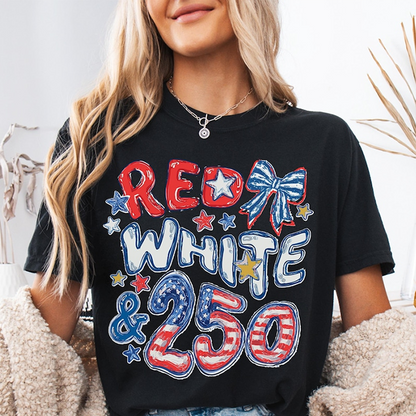 Patriotic Red White and 250 T Shirt, America 1776 2026 USA Graphic Tee, Fourth of July Celebration Outfit for Women