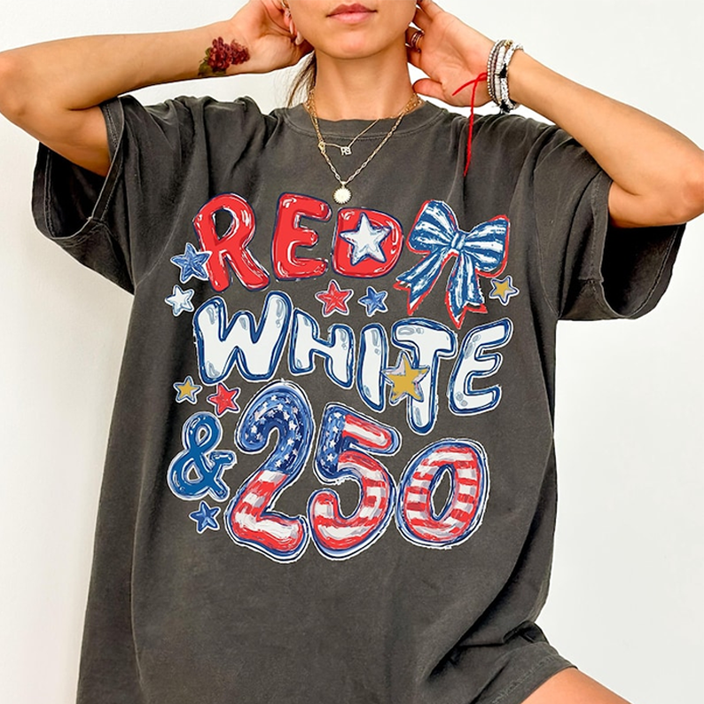 Patriotic Red White and 250 T Shirt, America 1776 2026 USA Graphic Tee, Fourth of July Celebration Outfit for Women