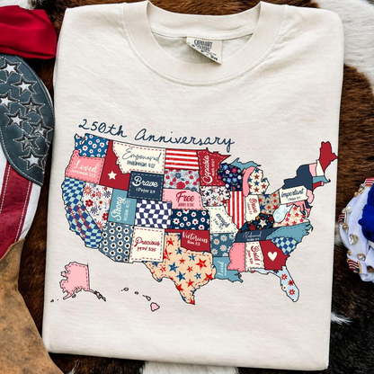 Comfort Colors America Patchwork Map Shirt, 250th Anniversary USA Tee, Faith Inspired Patriotic Shirt, Independence Day Apparel
