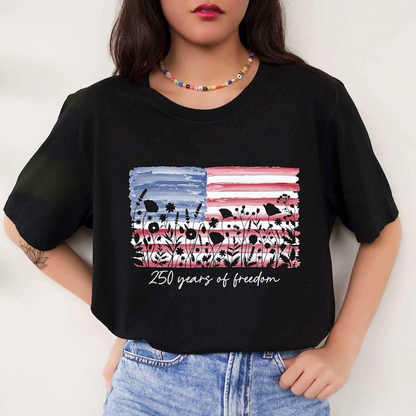 America 250 Years of Freedom Shirt for Women, Patriotic Floral USA Flag Graphic Tee, Fourth of July Independence Day Apparel