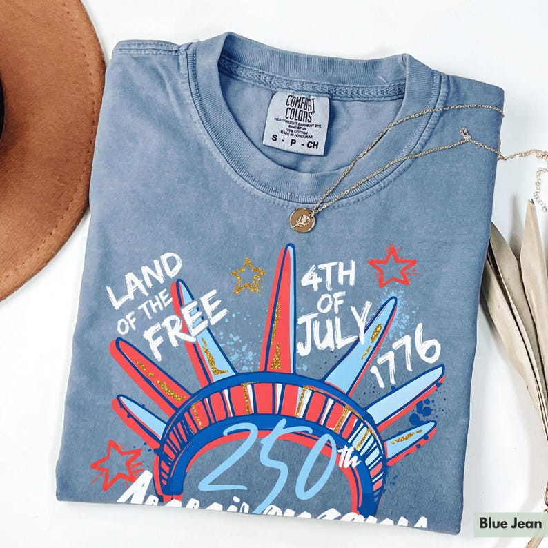 Comfort Colors Land of the Free 250th Anniversary Shirt for Women, Patriotic 4th of July USA Graphic Tee, America 1776 2026 Independence Day Apparel
