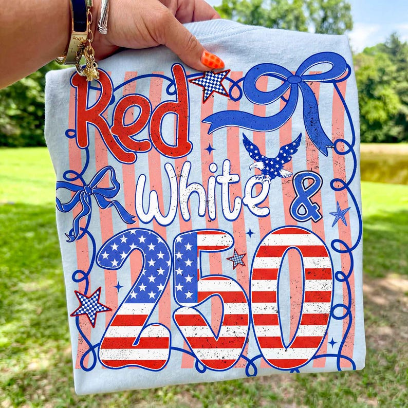 Red White and 250 Shirt for Women, Patriotic USA Flag Graphic Tee, America 250 Years Independence Day Fourth of July Apparel