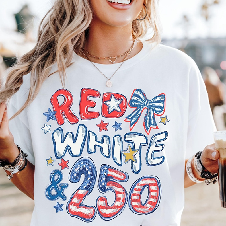 Patriotic Red White and 250 T Shirt, America 1776 2026 USA Graphic Tee, Fourth of July Celebration Outfit for Women