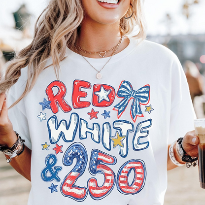 Patriotic Red White and 250 T Shirt, America 1776 2026 USA Graphic Tee, Fourth of July Celebration Outfit for Women