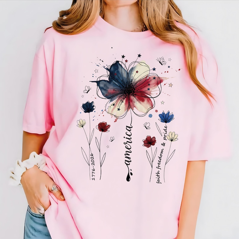 Vintage Patriotic Flower Shirt for Women, America Faith Freedom Pride Graphic Tee, USA Independence Day Apparel