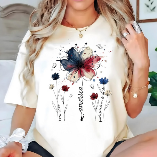 Vintage Patriotic Flower Shirt for Women, America Faith Freedom Pride Graphic Tee, USA Independence Day Apparel