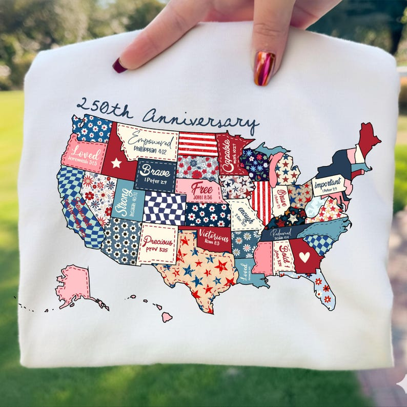 Comfort Colors America Patchwork Map Shirt, 250th Anniversary USA Tee, Faith Inspired Patriotic Shirt, Independence Day Apparel