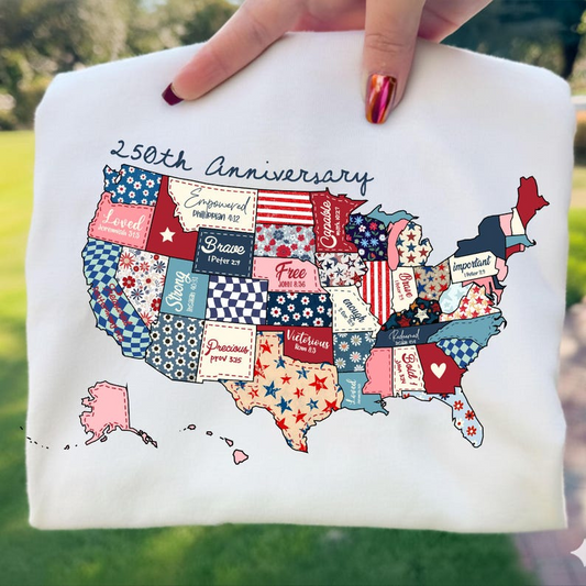 Comfort Colors America Patchwork Map Shirt, 250th Anniversary USA Tee, Faith Inspired Patriotic Shirt, Independence Day Apparel