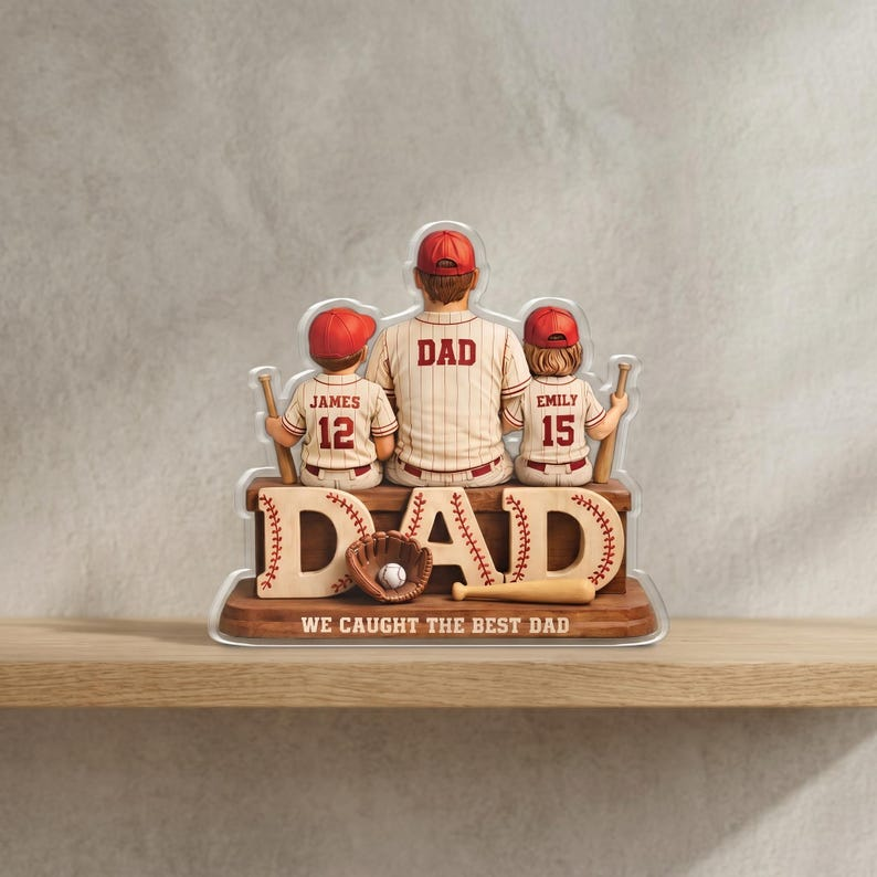 Personalized Baseball Dad Acrylic Plaque, Custom Kids Names Gift for Father, We Caught The Best Dad Decor