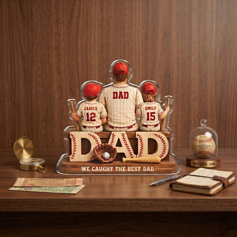 Personalized Baseball Dad Acrylic Plaque, Custom Kids Names Gift for Father, We Caught The Best Dad Decor