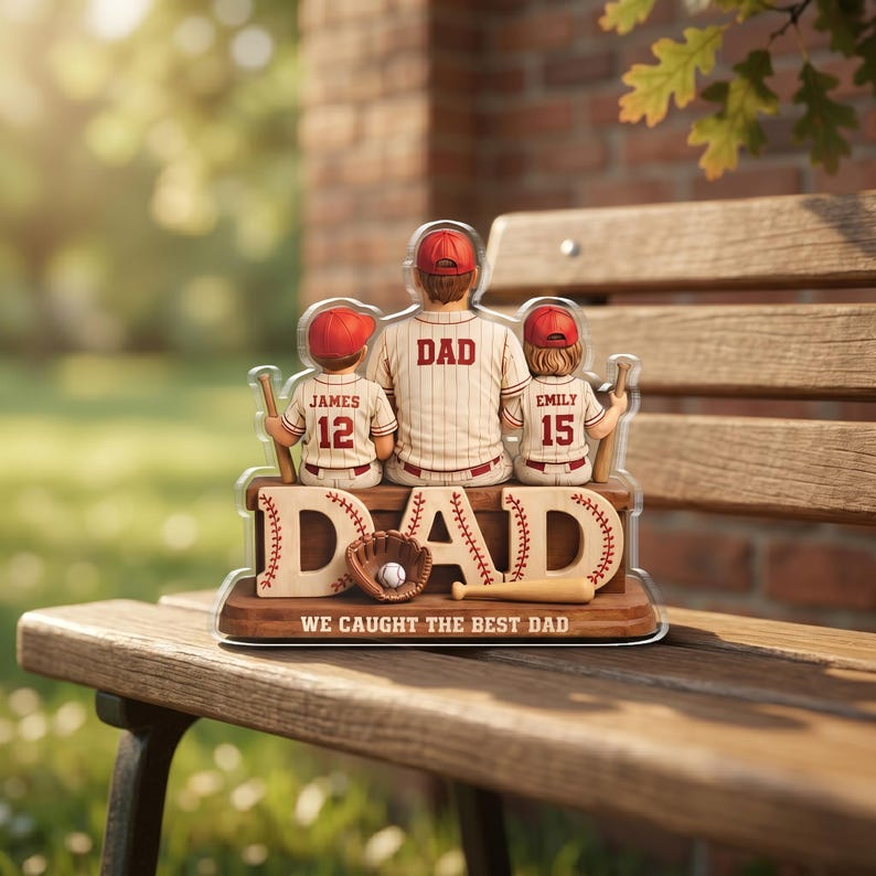 Personalized Baseball Dad Acrylic Plaque, Custom Kids Names Gift for Father, We Caught The Best Dad Decor