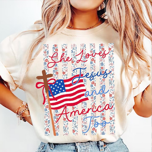 Comfort Colors She Loves Jesus and America Too Shirt, Christian Patriotic T-Shirt, Faith and Freedom Tee, USA Flag Fourth of July Shirt 250th Anniversary