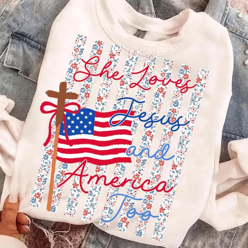 Comfort Colors She Loves Jesus and America Too Shirt, Christian Patriotic T-Shirt, Faith and Freedom Tee, USA Flag Fourth of July Shirt 250th Anniversary