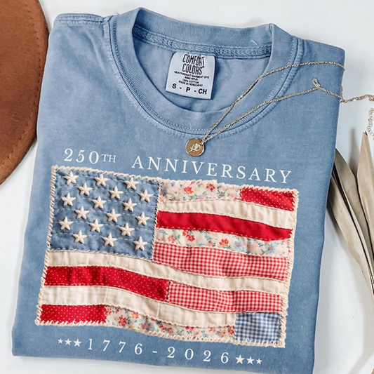 Comfort Colors America 250th Anniversary Shirt, Vintage Patchwork American Flag T-Shirt, Patriotic USA 1776-2026 Celebration Tee for Women