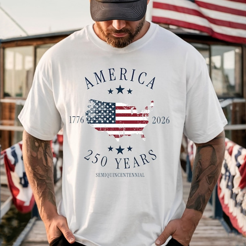 Comfort Colors America 250 Years Shirt for Men, Patriotic USA Map Flag Graphic Tee, 1776 2026 Semiquincentennial Independence Day Apparel