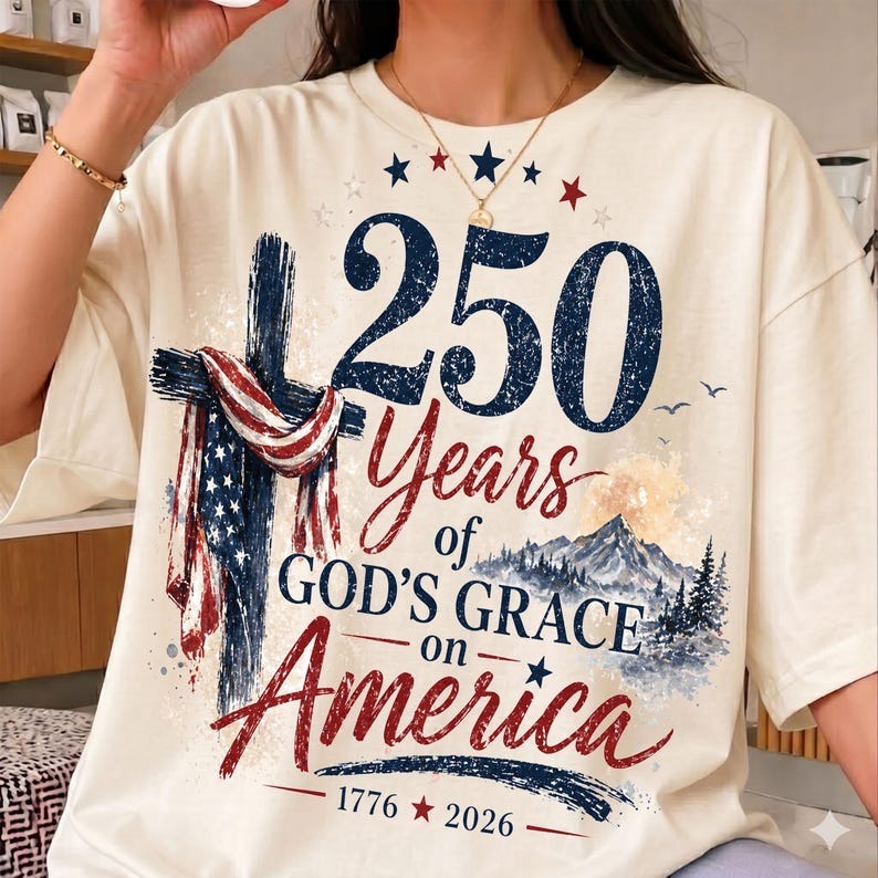 Comfort Colors Christian America 250th Anniversary Shirt, God’s Grace on America Tee, Patriotic Cross and Flag Graphic T-Shirt