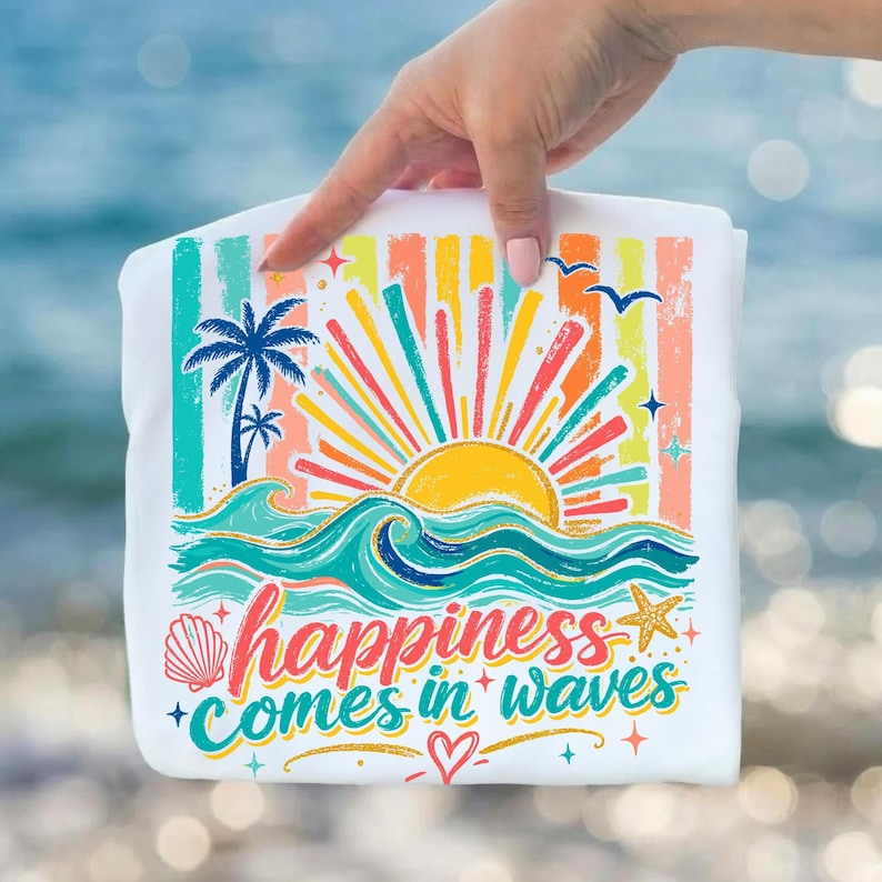 Comfort Colors Happiness Comes in Waves Cosmetic Bag, Beach Makeup Bag, Ocean Lover Travel Pouch, Coastal Toiletry Bag for Women