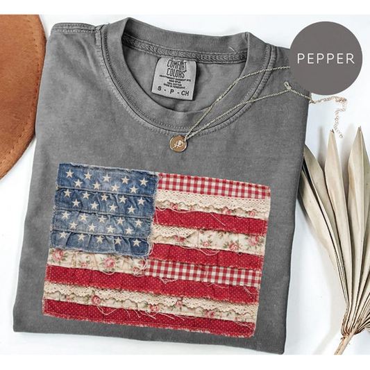 Comfort Colors Vintage Patchwork American Flag Shirt for Women, Patriotic USA Graphic Tee, Distressed Quilted Flag Comfort Colors T Shirt, 4th of July Outfit