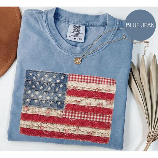 Comfort Colors Vintage Patchwork American Flag Shirt for Women, Patriotic USA Graphic Tee, Distressed Quilted Flag Comfort Colors T Shirt, 4th of July Outfit