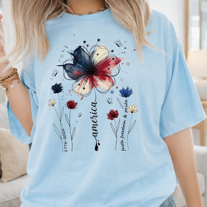 Vintage Patriotic Flower Shirt for Women, America Faith Freedom Pride Graphic Tee, USA Independence Day Apparel