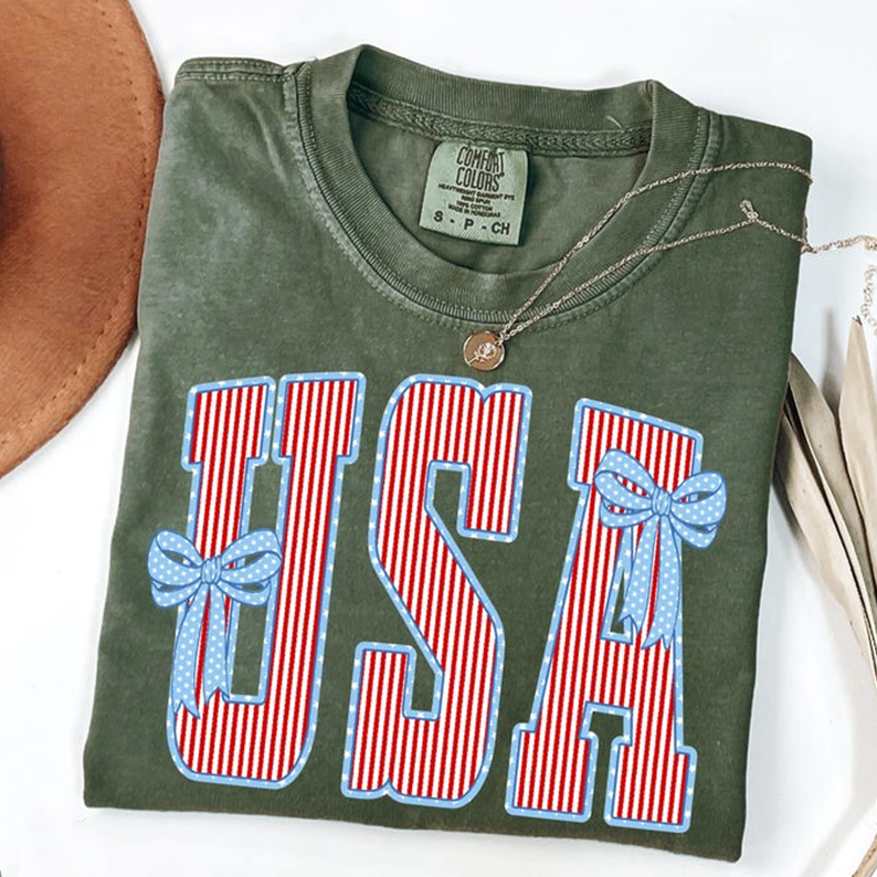 Comfort Colors Patriotic USA Shirt with Red White Blue Stripes and Bow Graphic Tee 250th Anniversary Independence Day