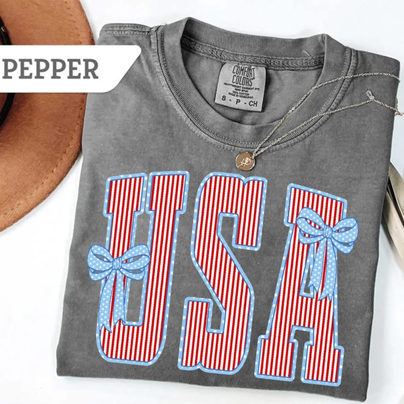 Comfort Colors Patriotic USA Shirt with Red White Blue Stripes and Bow Graphic Tee 250th Anniversary Independence Day