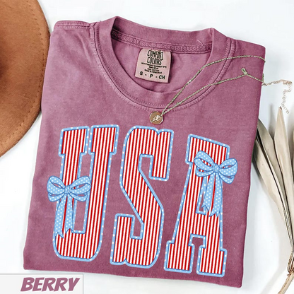 Comfort Colors Patriotic USA Shirt with Red White Blue Stripes and Bow Graphic Tee 250th Anniversary Independence Day