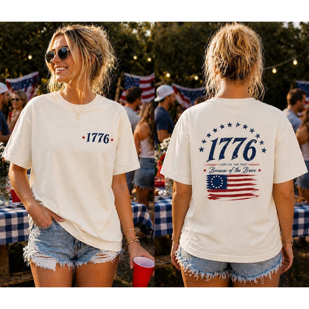 1776 Patriotic Shirt, Land of the Free Because of the Brave Tee, Vintage American Flag Back Print Shirt for Women, 250th Anniversary Shirt