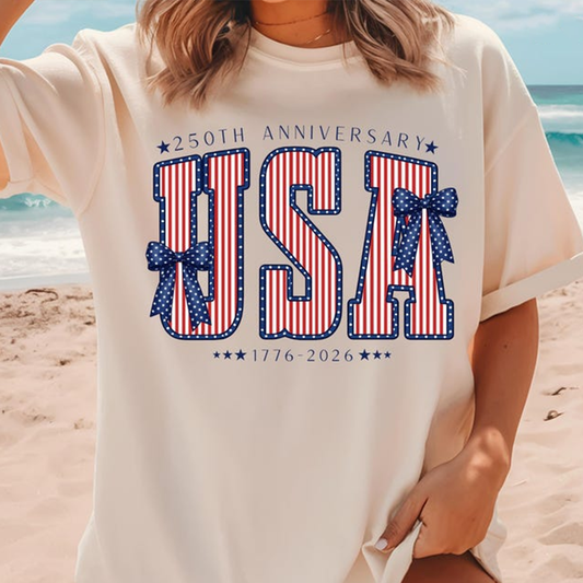 Comfort Colors USA 1776-2026 Patriotic Shirt, U.S. 250th Anniversary Celebration Tee, American Flag Bow Design, Independence Day Outfit