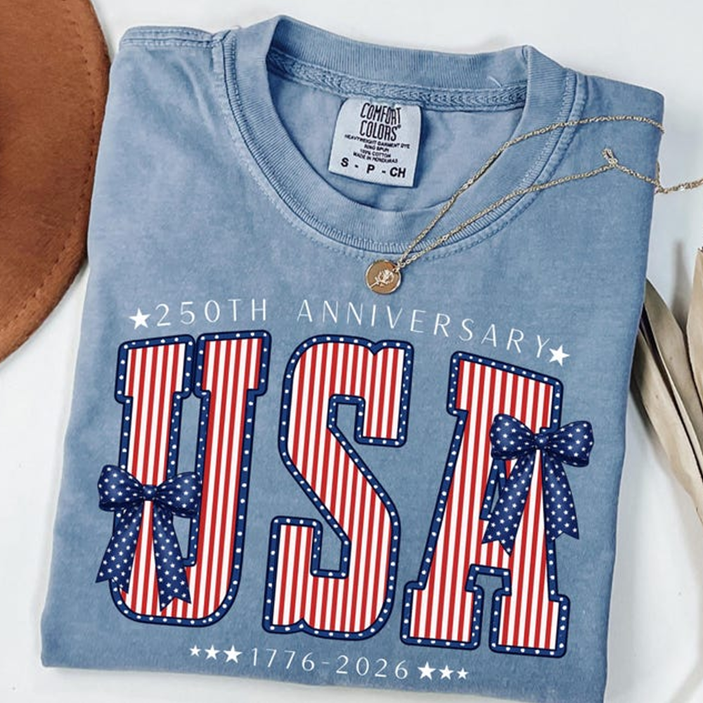 Comfort Colors USA 1776-2026 Patriotic Shirt, U.S. 250th Anniversary Celebration Tee, American Flag Bow Design, Independence Day Outfit
