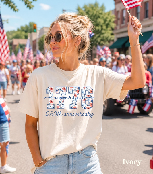 Comfort Colors America 1776 Shirt, 250th Anniversary Floral Graphic Tee, Patriotic Fourth of July Apparel for Women
