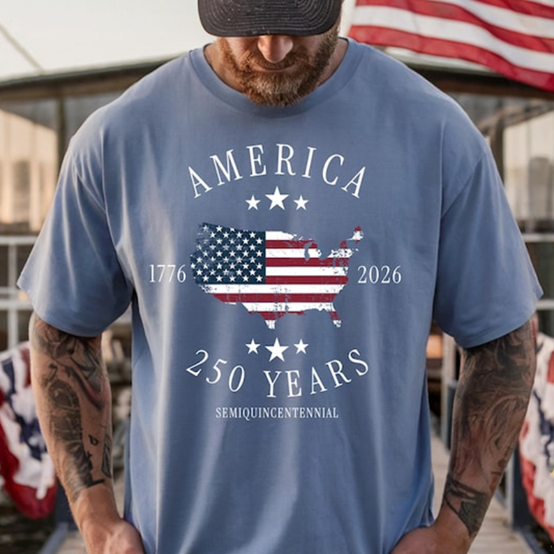 Comfort Colors America 250 Years Shirt for Men, Patriotic USA Map Flag Graphic Tee, 1776 2026 Semiquincentennial Independence Day Apparel