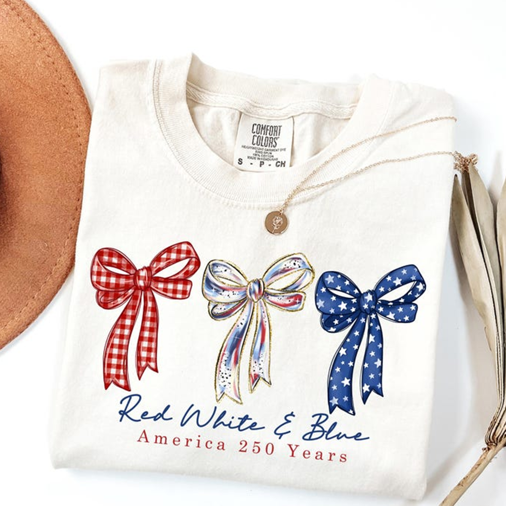 Comfort Colors Red White & Blue Bow Shirt, America 250 Years Patriotic Tee, Fourth of July Shirt for Women, USA Independence Celebration Shirt, 250th Anniversary Shirt