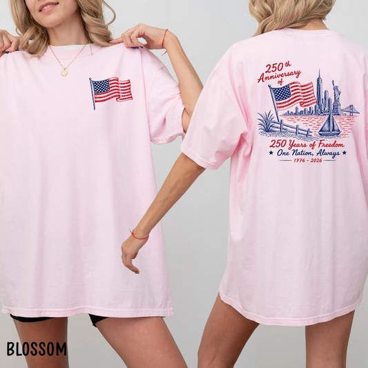 Patriotic USA Flag Shirt, 250th Anniversary of Freedom Tee, Vintage Back Print Independence Day T Shirt, 250th Anniversary Shirt