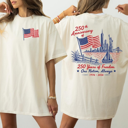 Patriotic USA Flag Shirt, 250th Anniversary of Freedom Tee, Vintage Back Print Independence Day T Shirt, 250th Anniversary Shirt