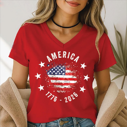 America 1776-2026 Patriotic T Shirt USA Flag Graphic Tee 250th Anniversary Independence Day Celebration V-Neck