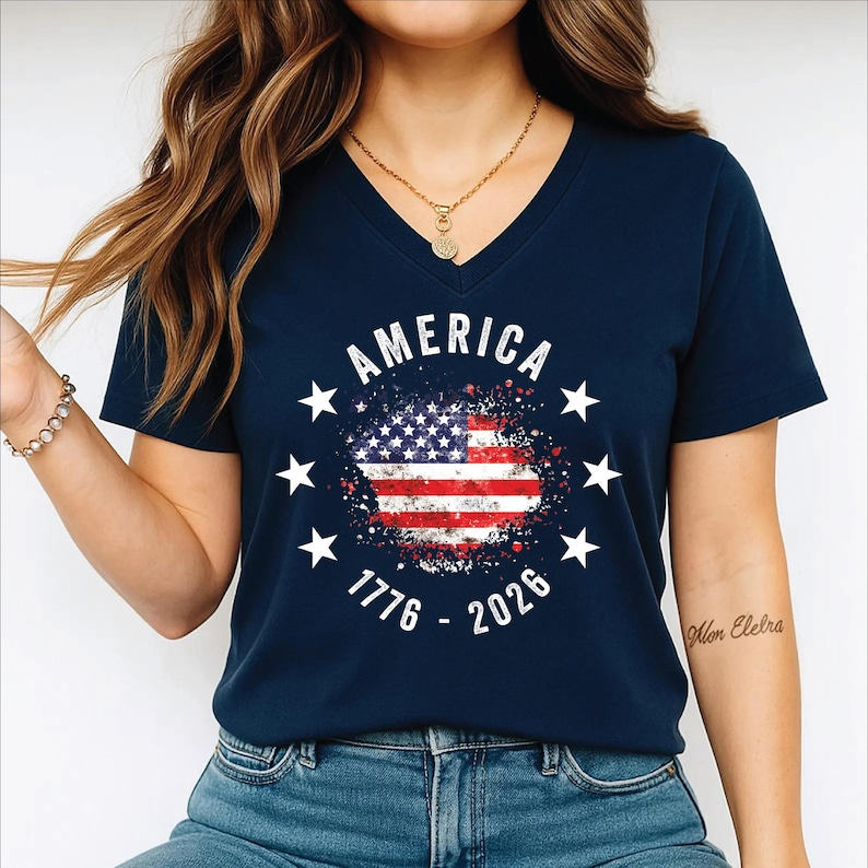 America 1776-2026 Patriotic T Shirt USA Flag Graphic Tee 250th Anniversary Independence Day Celebration V-Neck